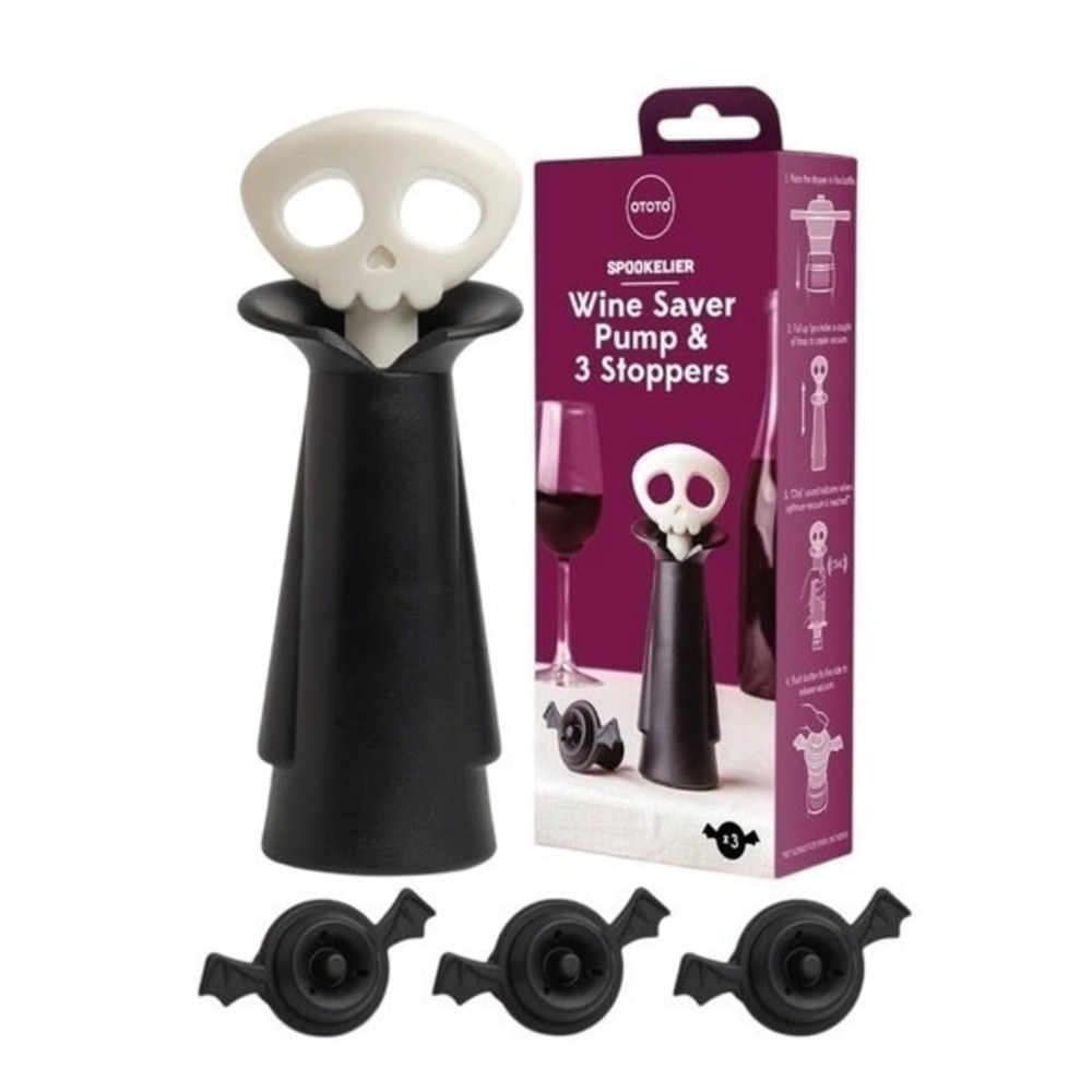Wine Saver Pump & 3 Wine Stoppers Vacuum Preserver Skull Skeleton Bat Halloween